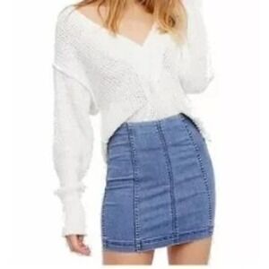 Free People Light Wash Denim Seamed Mini Skirt Size 8 Boho High Waisted Blue